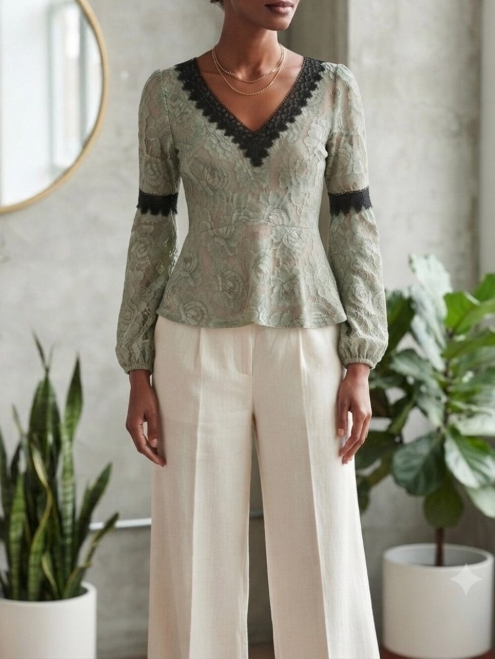 Boston Proper Peplum Style Sage Green Lace Top Size Small USA BohoChic Feminine